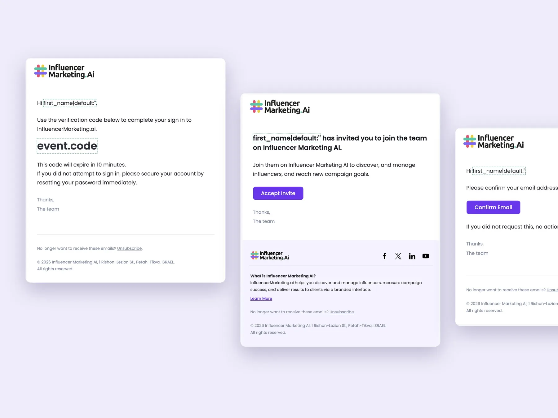 Influencer Marketing AI account emails: a sign-in code, a team invite and an email confirmation