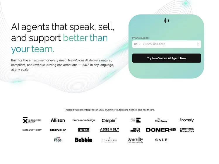 NewVoices AI website hero with a phone-number demo form