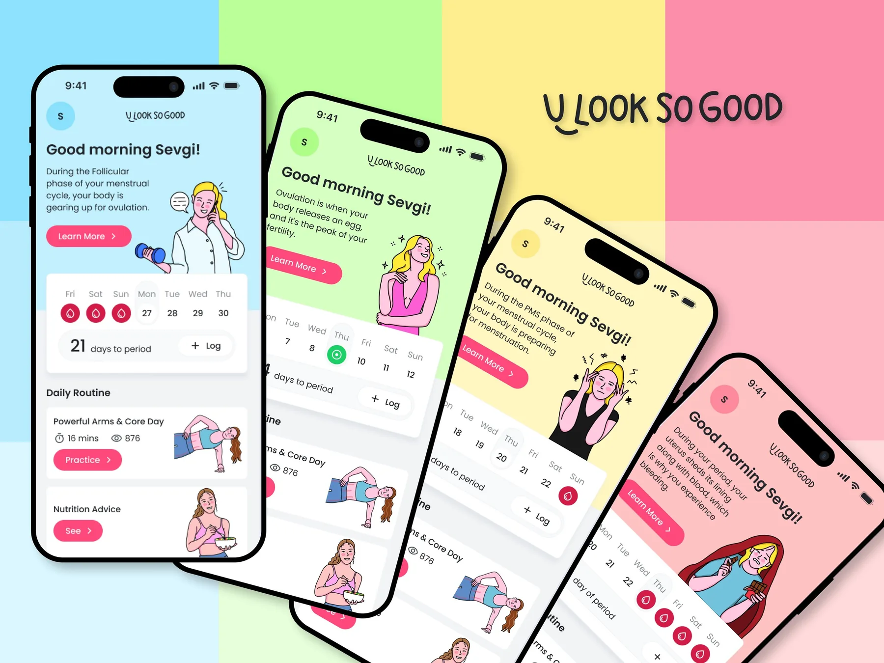 ULookSoGood logo and app home screens in four brand colors