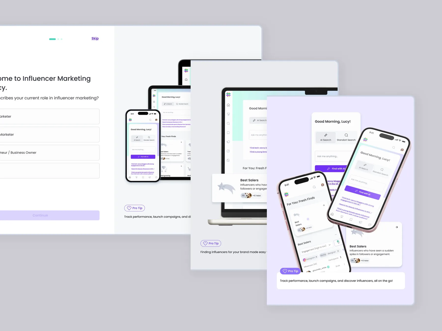 Welcome and onboarding screens asking about the user’s role in influencer marketing