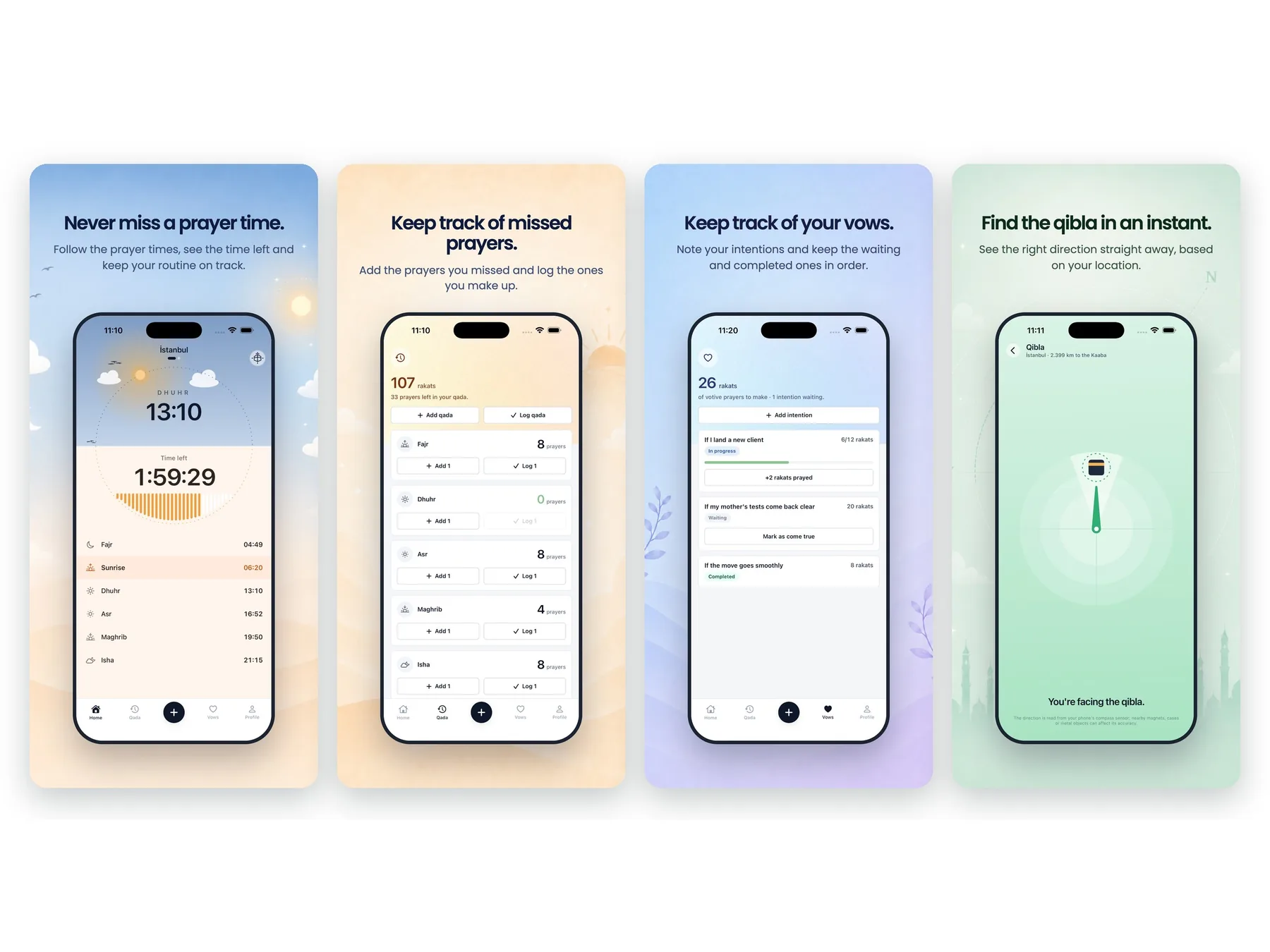 Four Namaz Takip store screenshots: prayer times, missed prayers, vows and qibla
