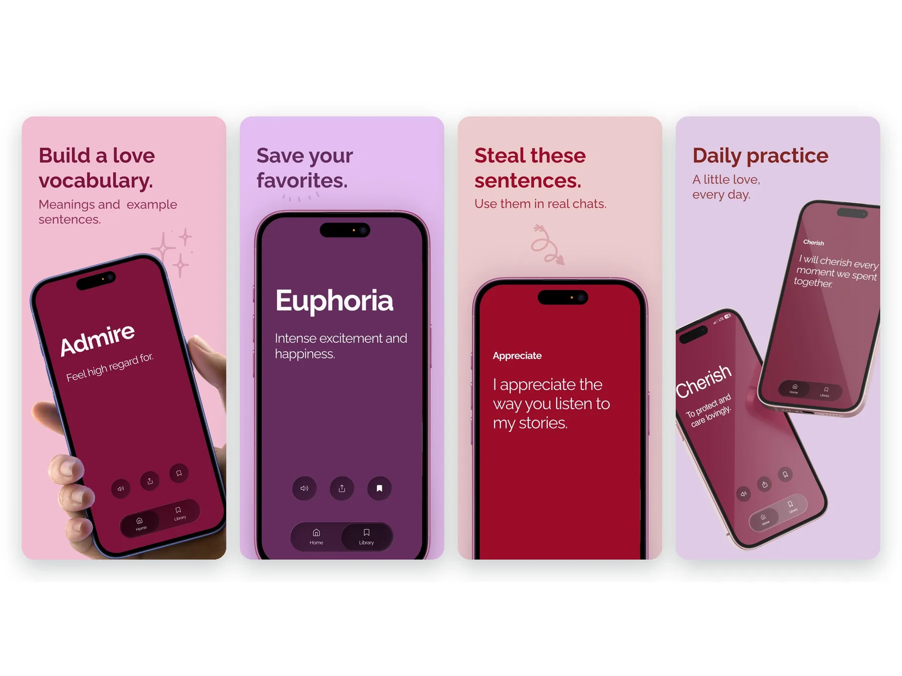 Four Lovely Words store screenshots: build a love vocabulary, save your favorites, steal these sentences, daily practice