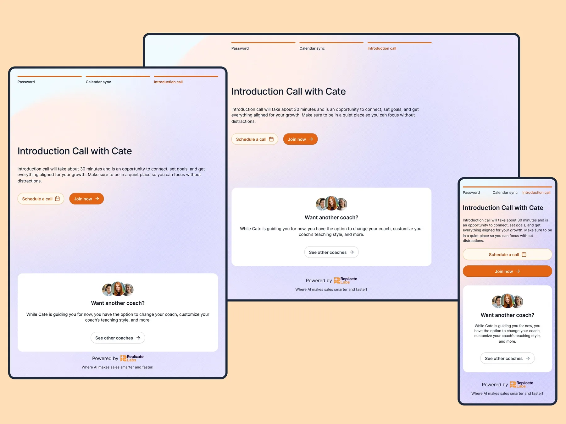 Onboarding steps: password, calendar sync and an introduction call with the AI coach, on desktop, tablet and mobile