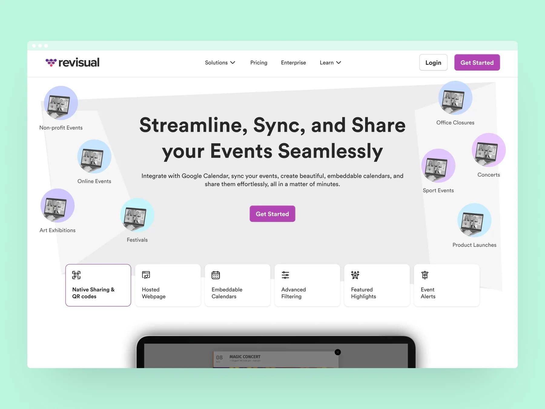 Revisual landing page hero with event-type icons around the headline