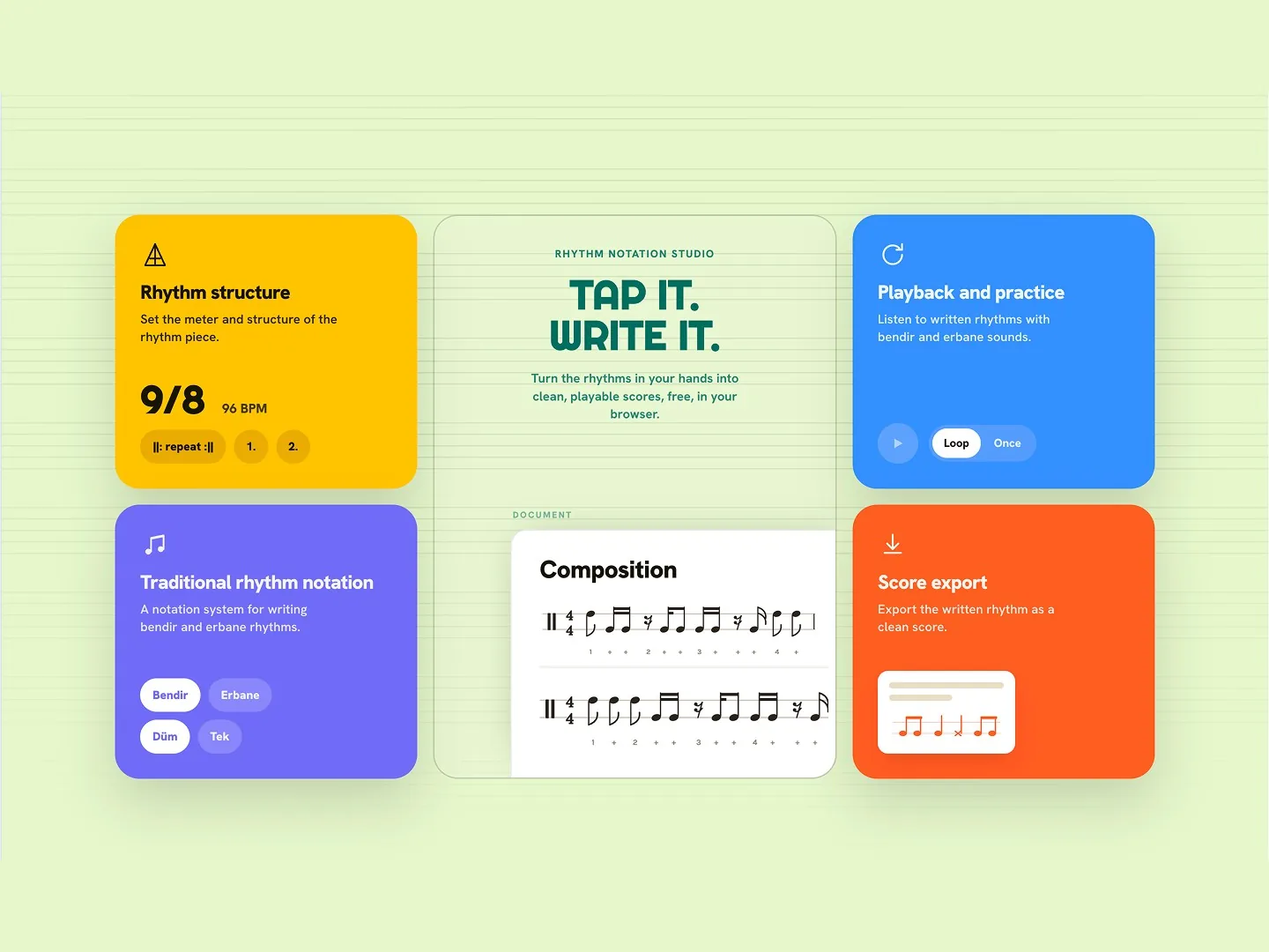 Ritmik feature cards in bold yellow, purple, blue and orange around the headline Tap it. Write it.