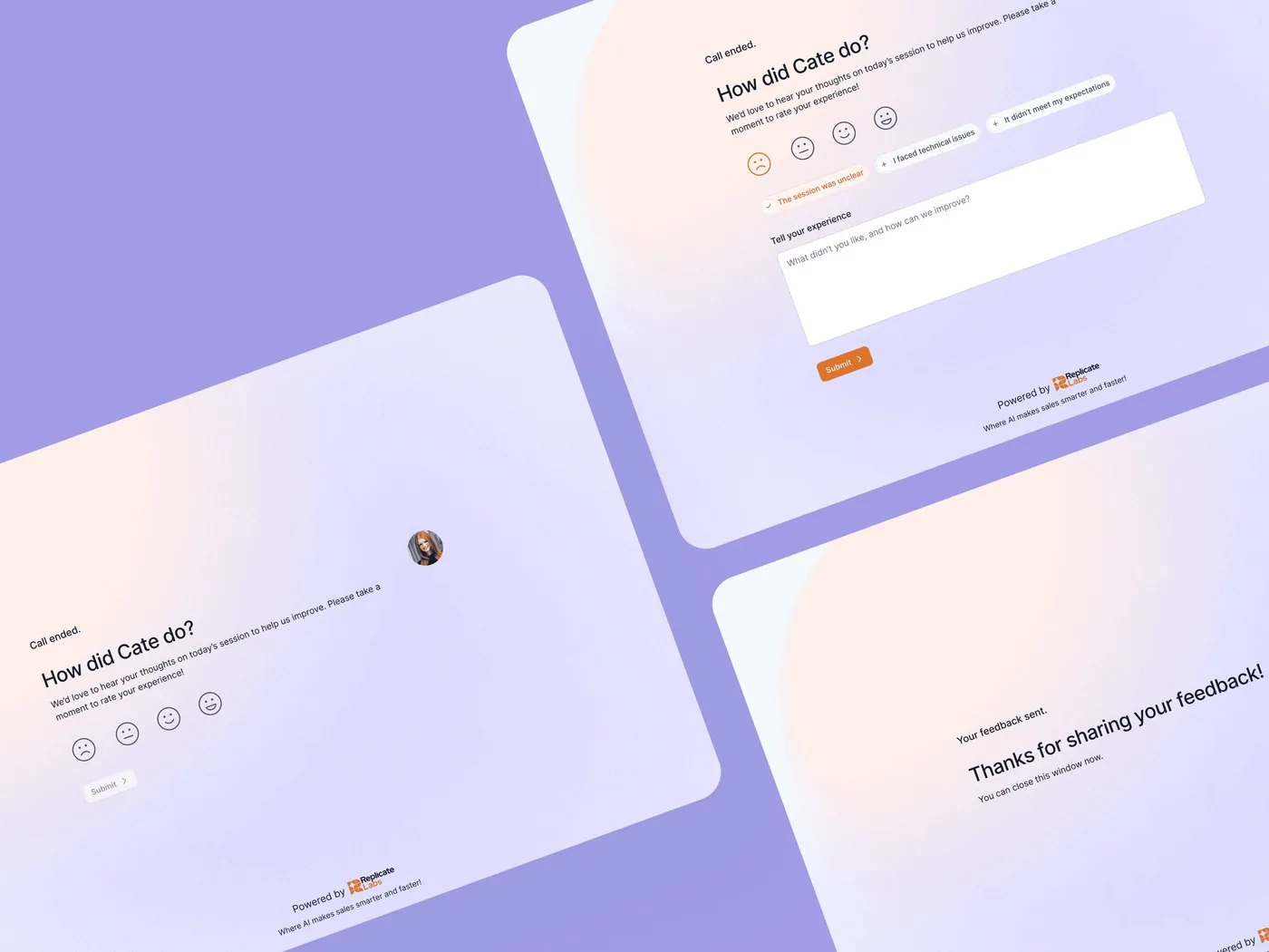 Feedback screens after a call, asking “How did Cate do?” with a rating and a comment box