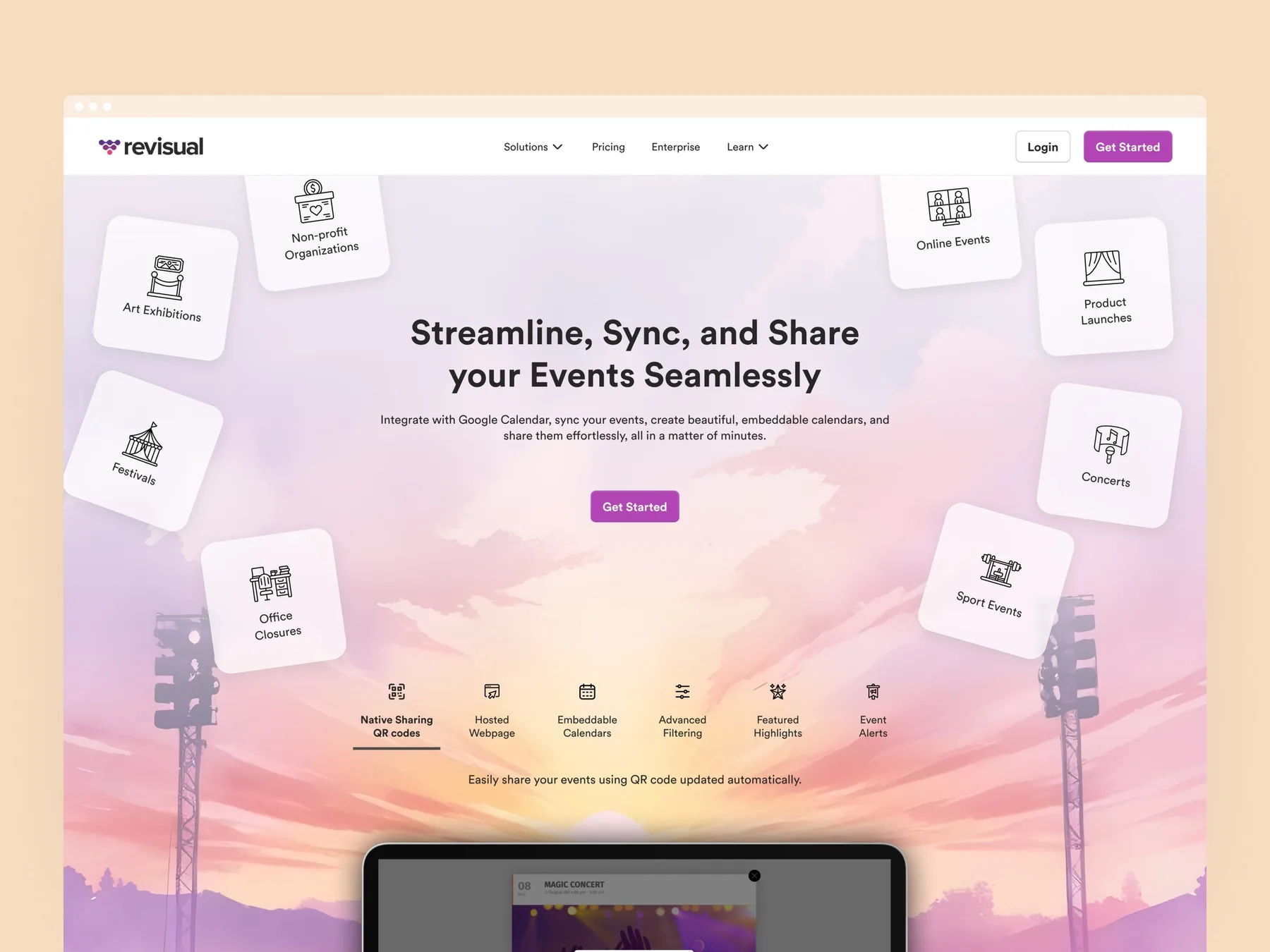 Revisual landing page hero with a sunset stadium illustration