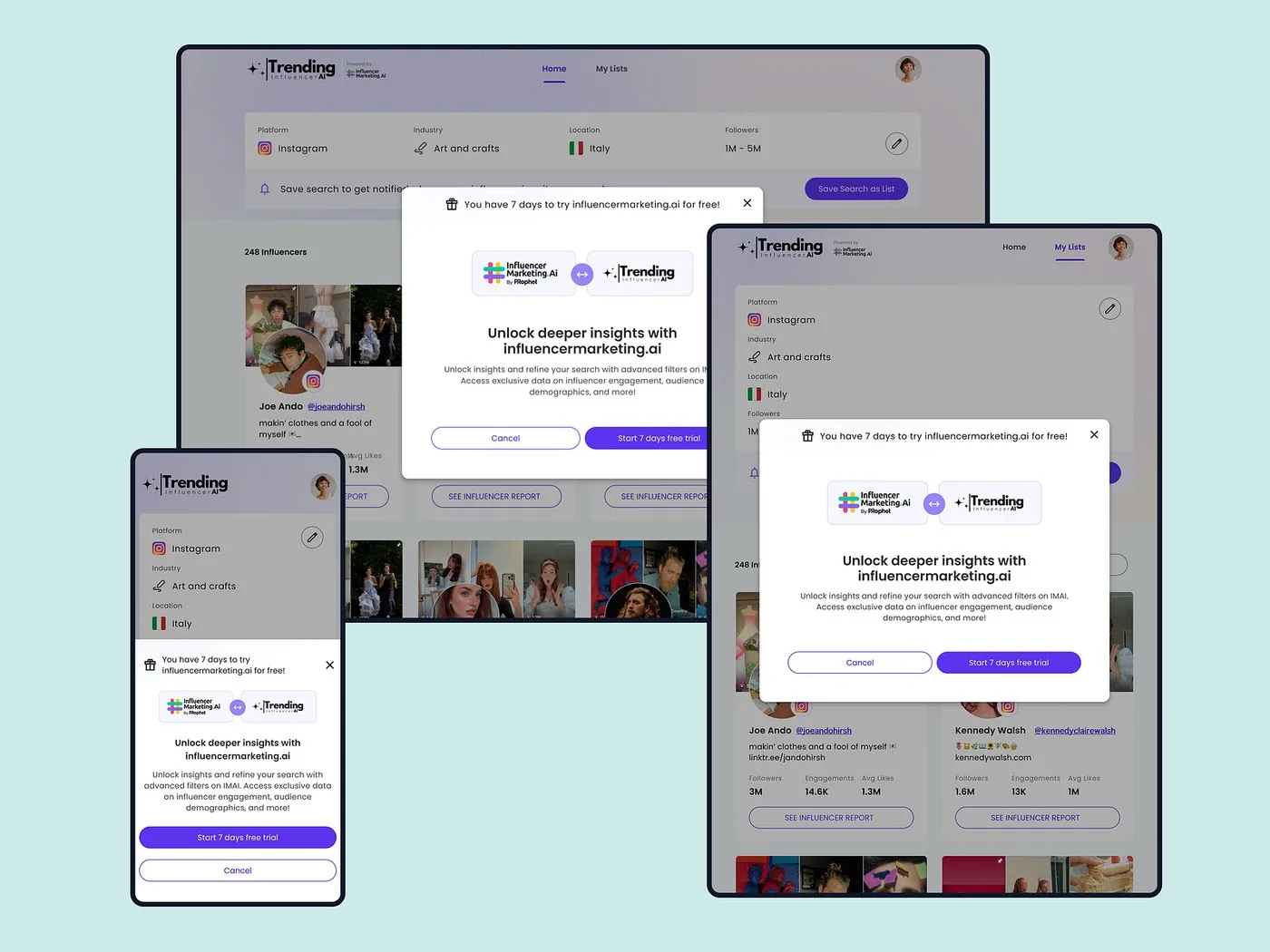 Unlock insights modal on desktop, tablet and mobile