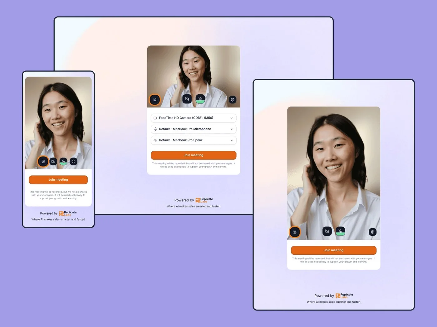 Join-meeting screens for a video call with the AI coach, on desktop, tablet and mobile
