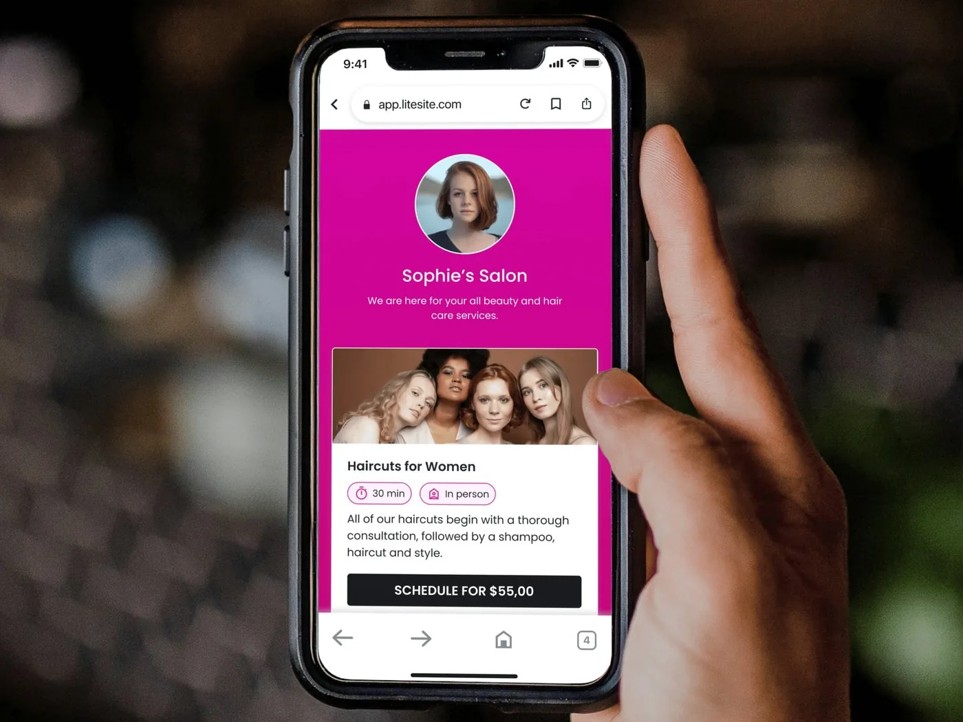 Litesite mobile booking page for a salon on a phone