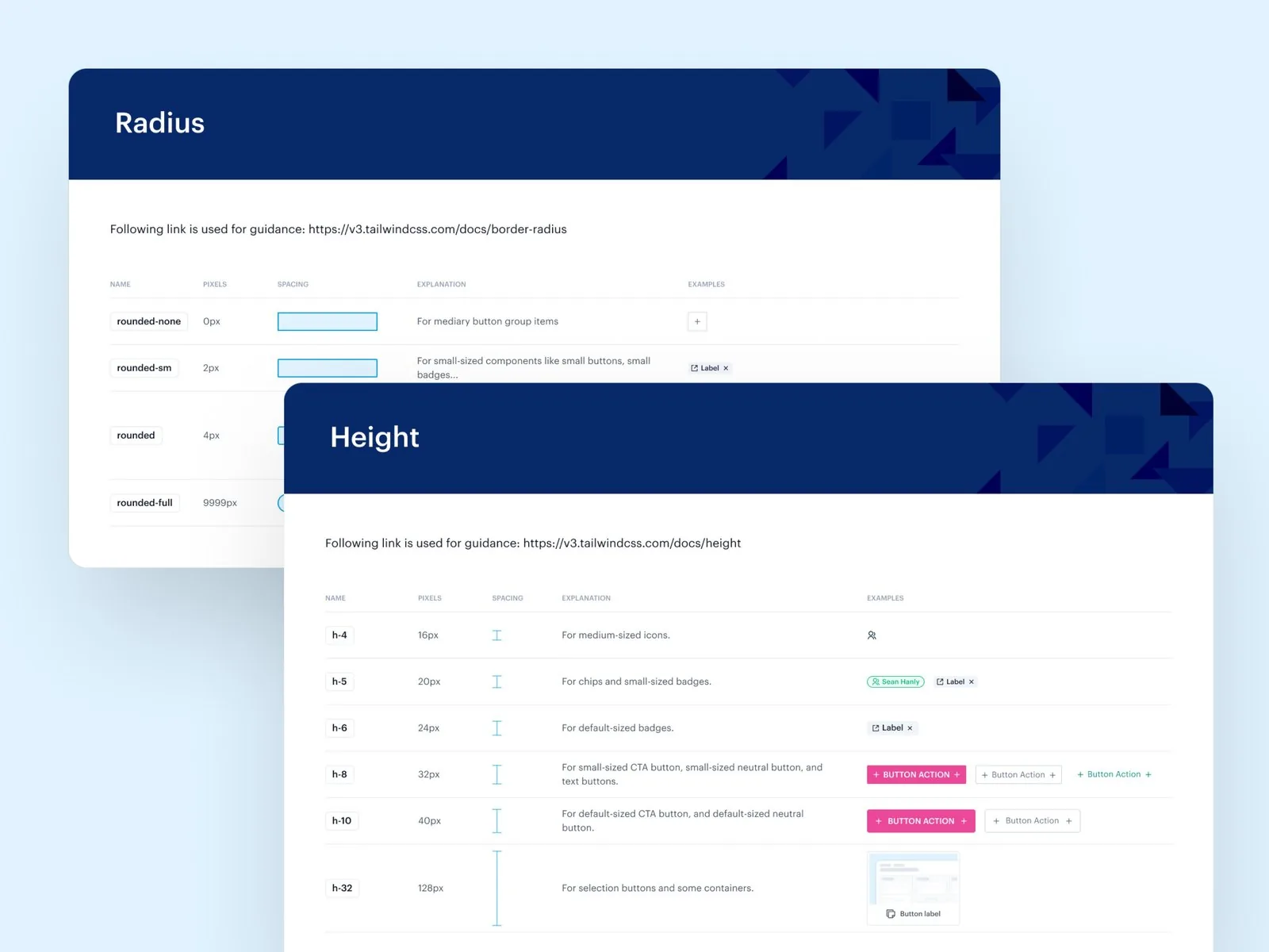 Ticketsolve design system documentation for radius and height tokens