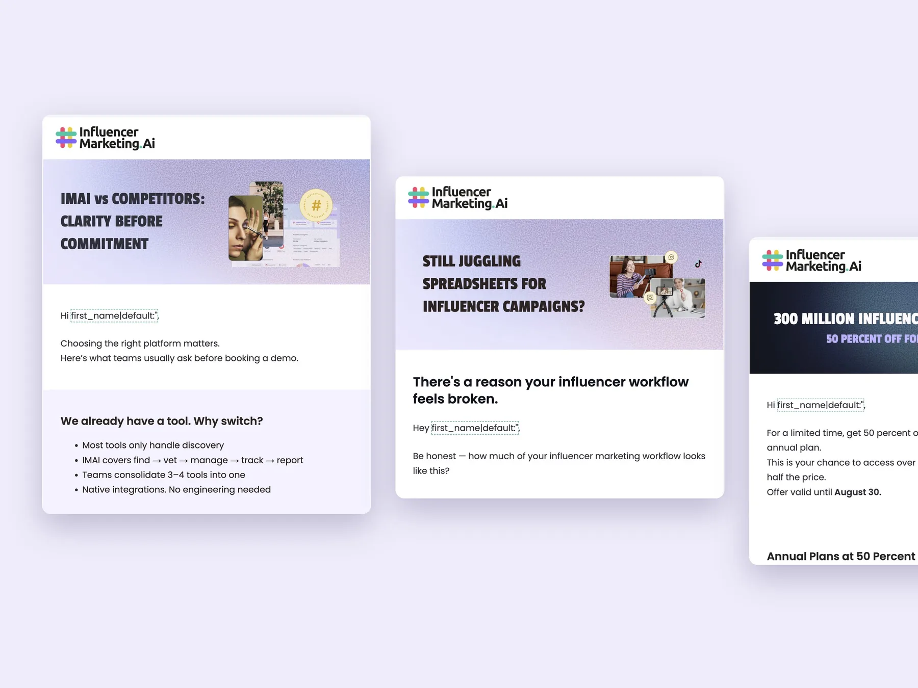 Influencer Marketing AI campaign emails: a comparison with competitors, a spreadsheet pain point and a 50 percent off offer