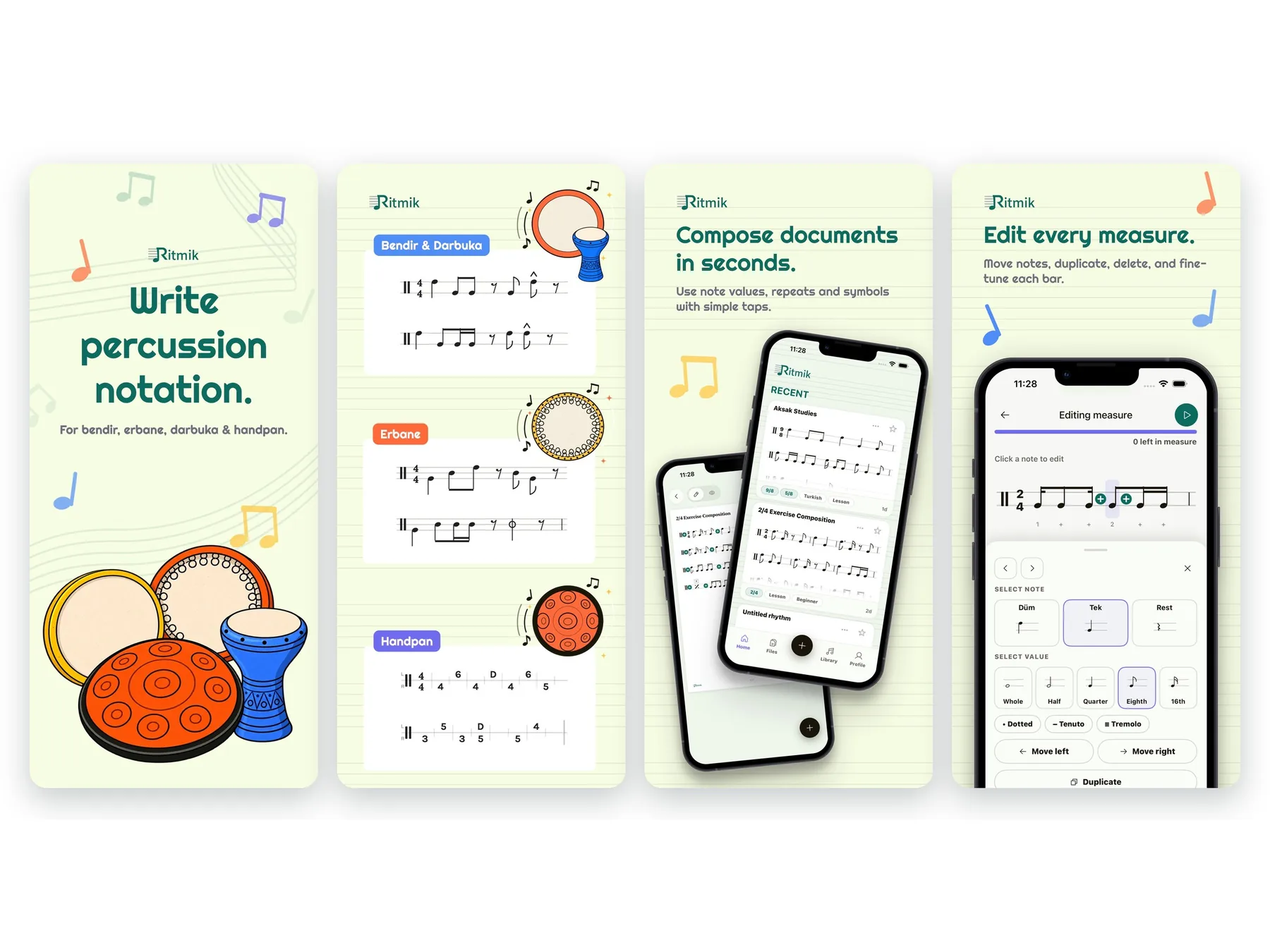 Ritmik store screenshots with bendir, darbuka, erbane and handpan notation