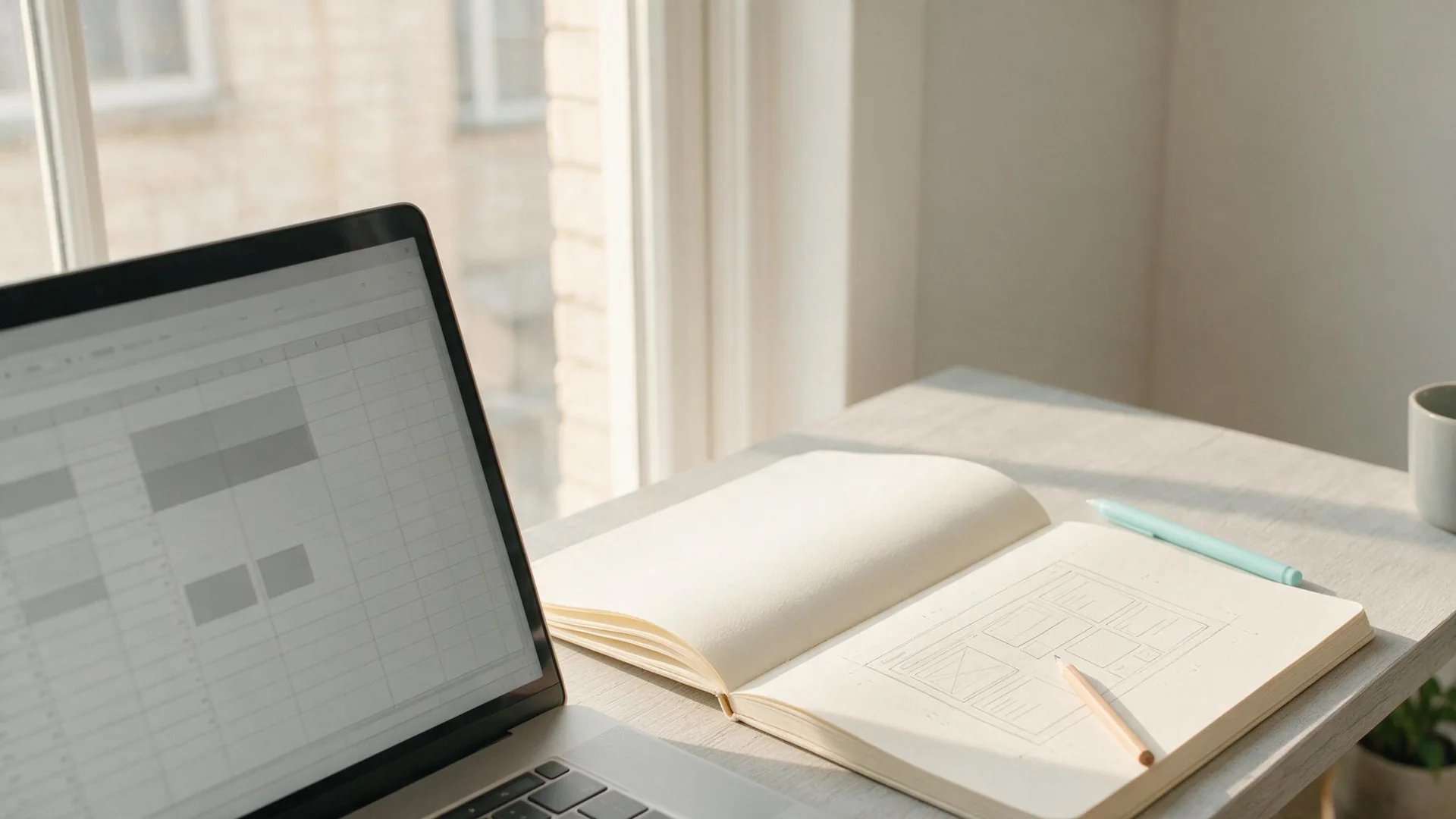 Laptop and notebook on a desk