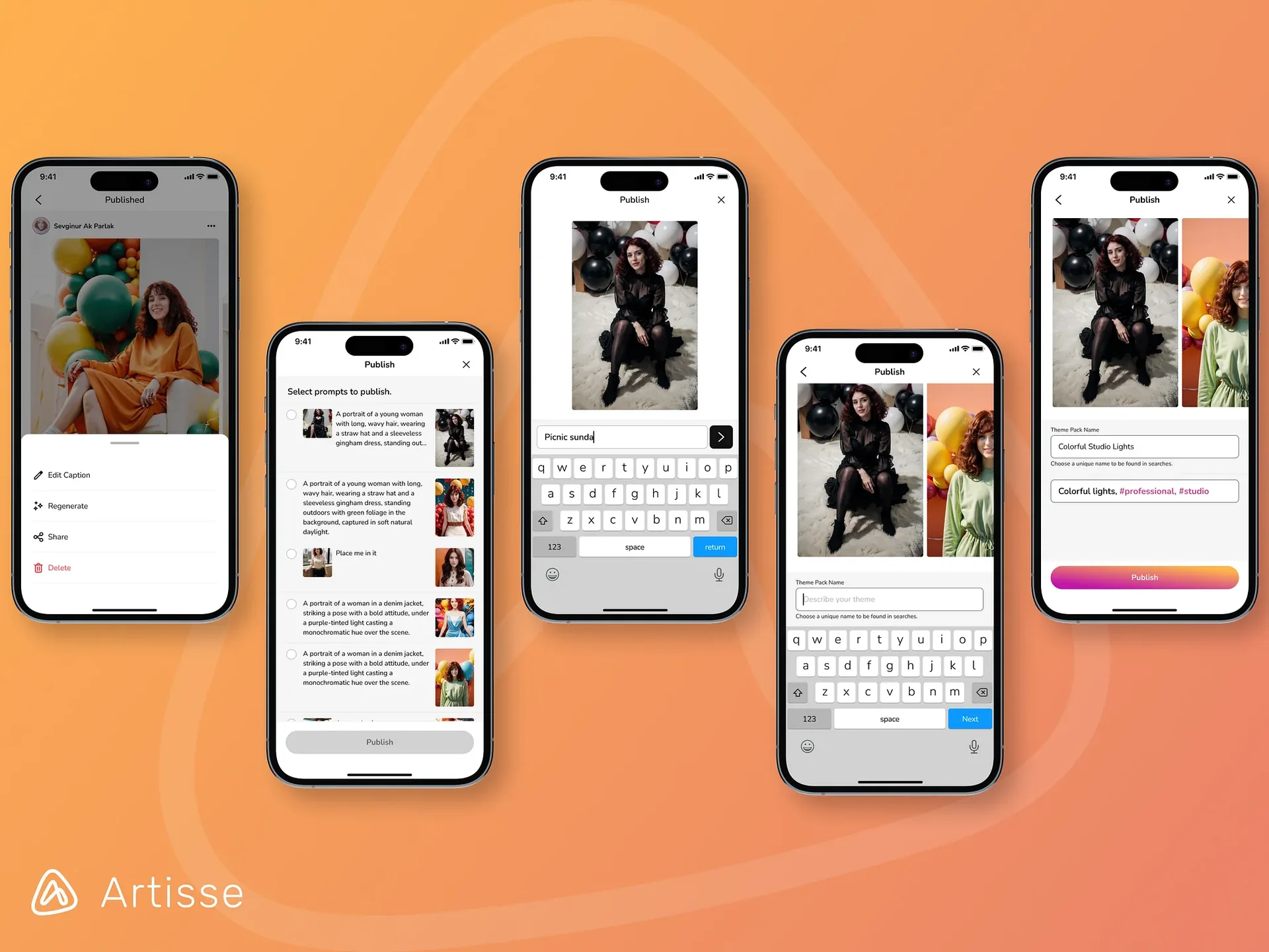 Publish flow: choosing prompts, adding a caption and naming a theme pack