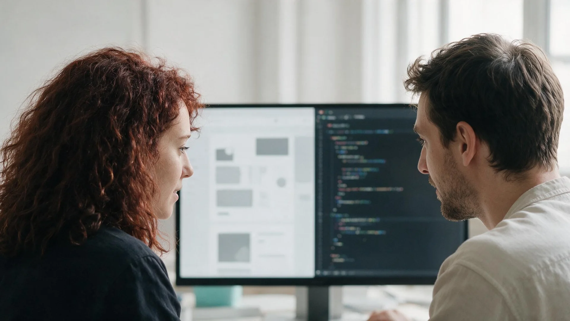 Two designers reviewing interface screens
