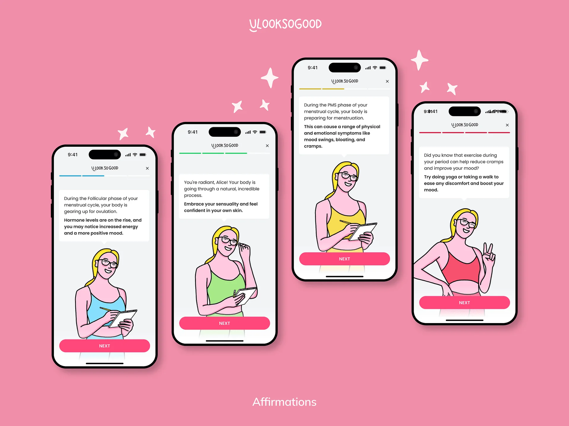 Affirmation screens with illustrated characters and supportive messages for each cycle phase
