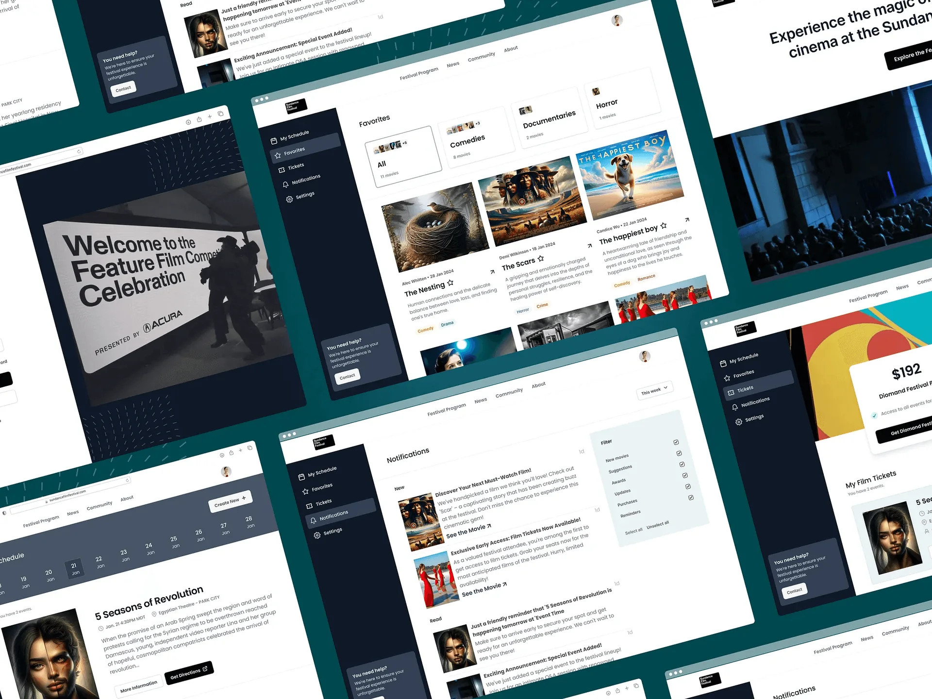 Screens from the Sundance Film Festival platform redesign