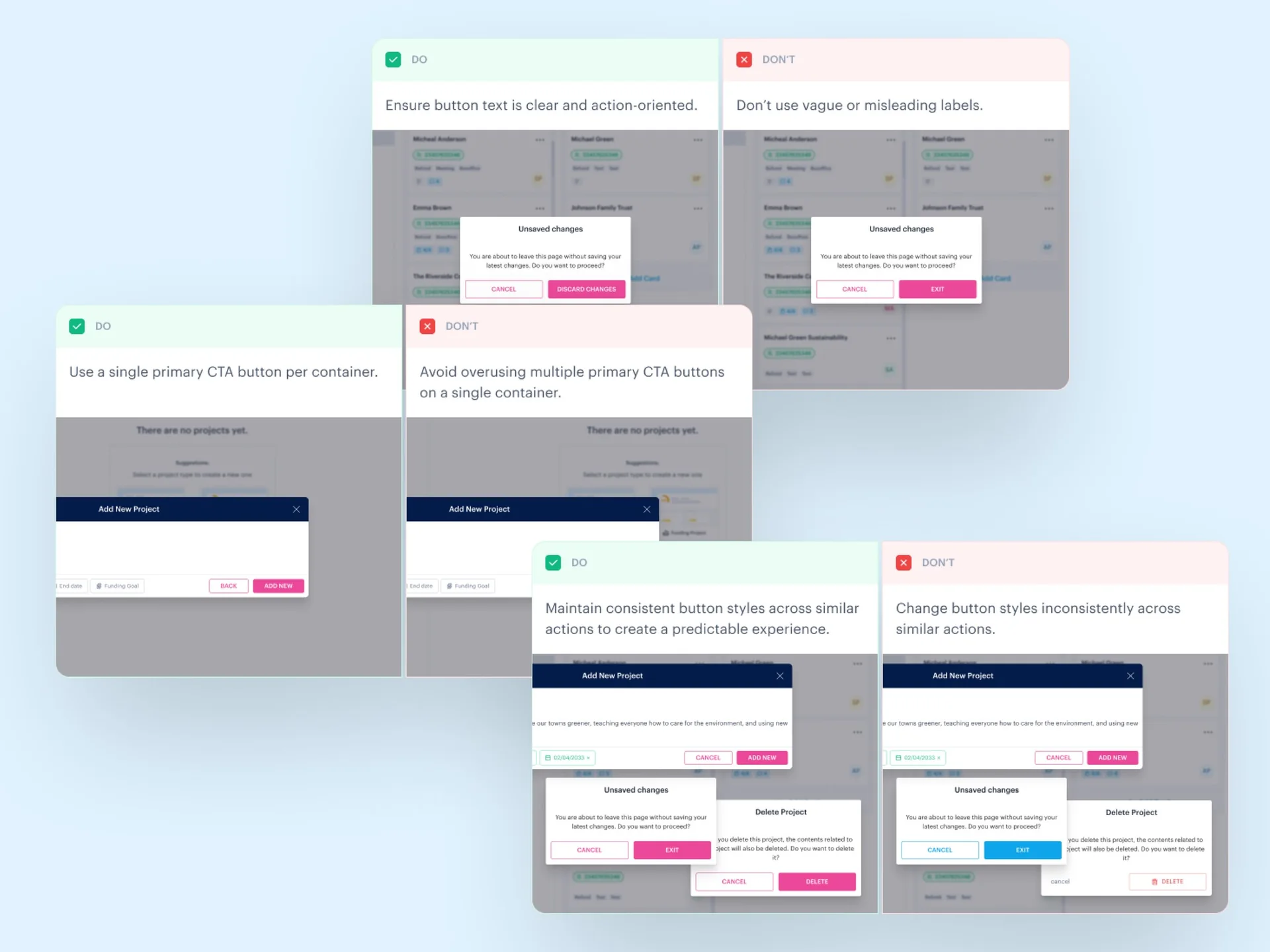 Do and don’t guidelines for buttons and dialogs in the Ticketsolve design system