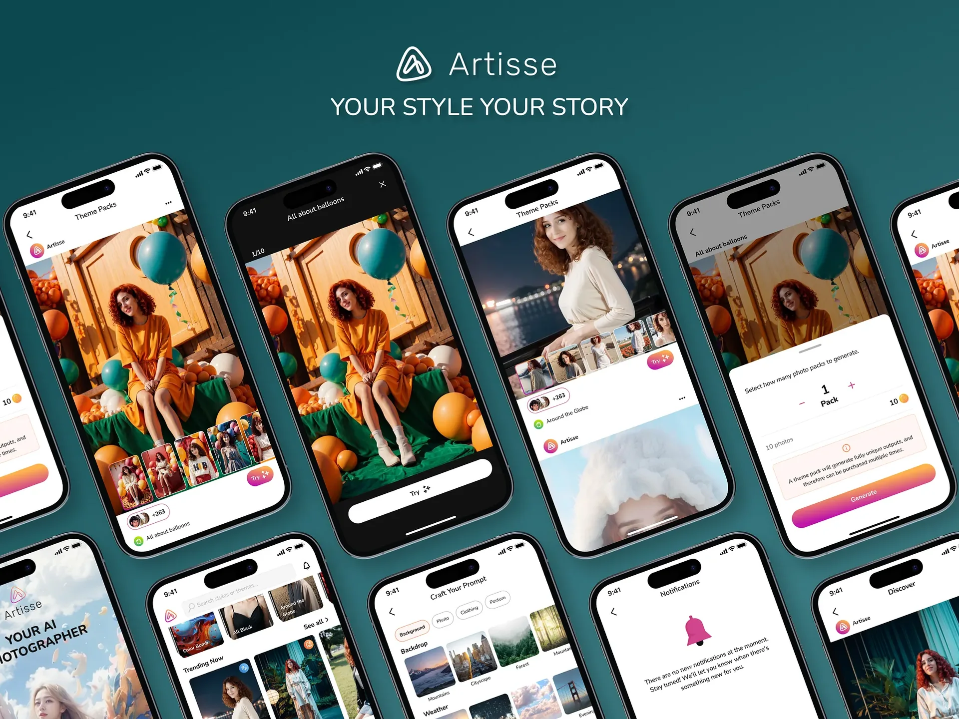 Artisse “Your style, your story” showcase of theme pack and photo generation screens