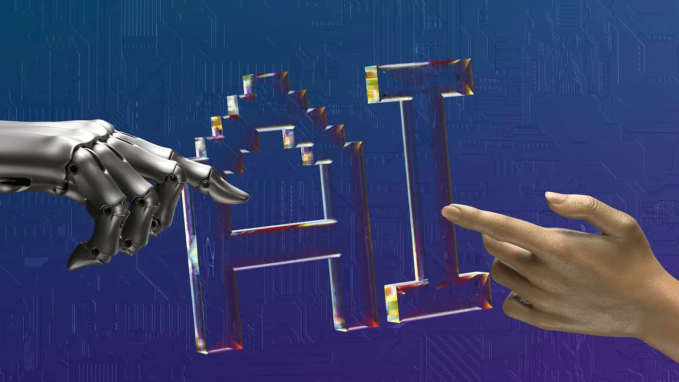 Robot and human hands reaching toward glass letters spelling AI