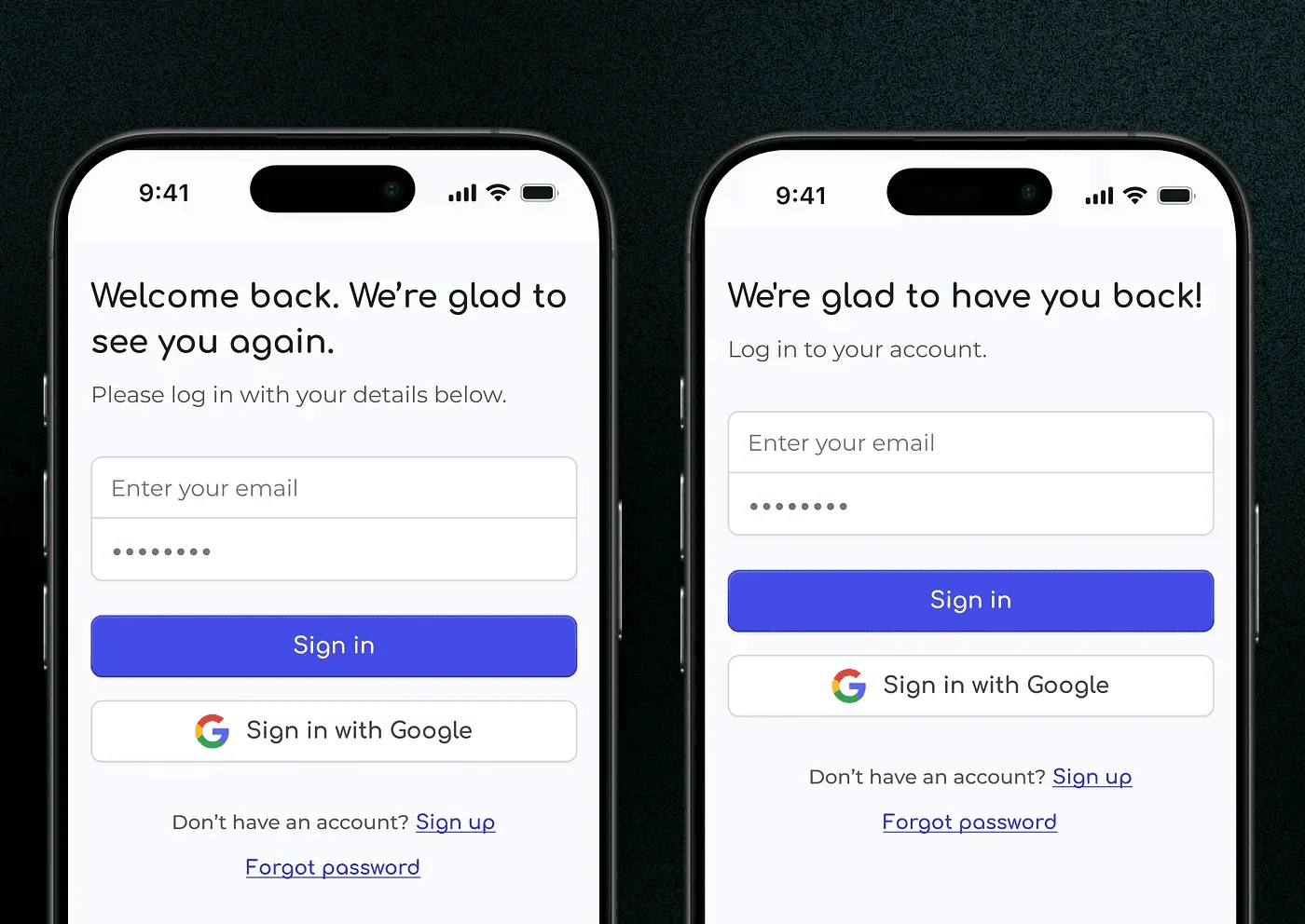 Two sign-in screens with different welcome copy