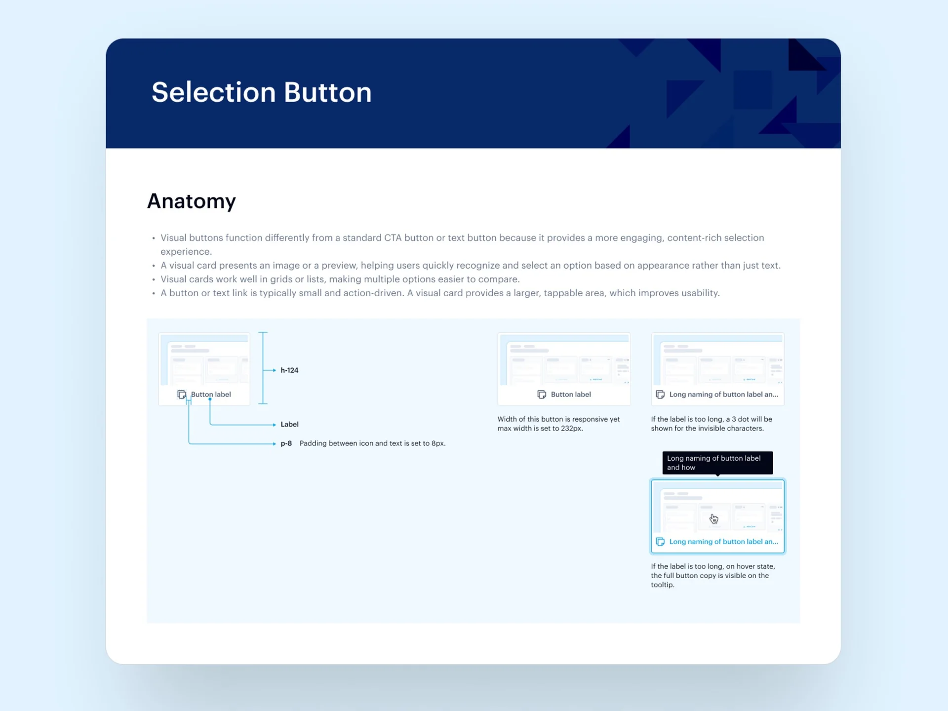 Design system page for the Selection Button component, showing its anatomy and spacing