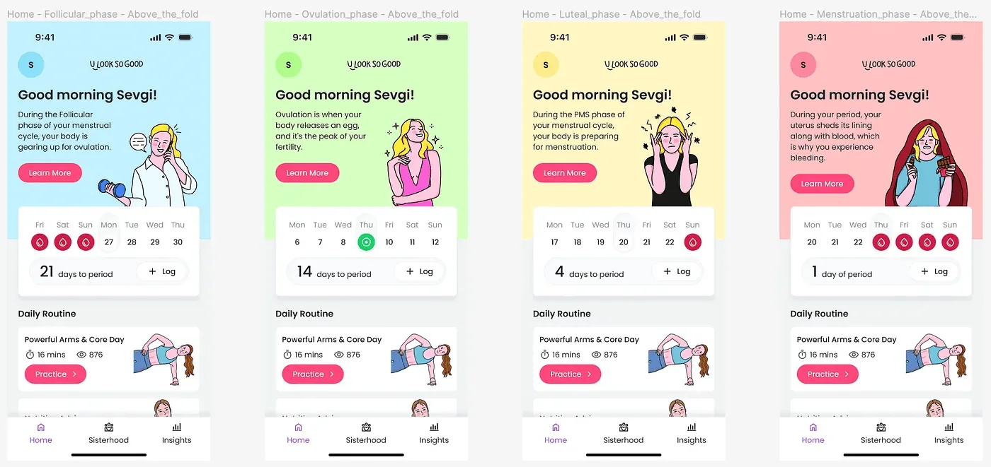 App home screen in four cycle-phase color themes