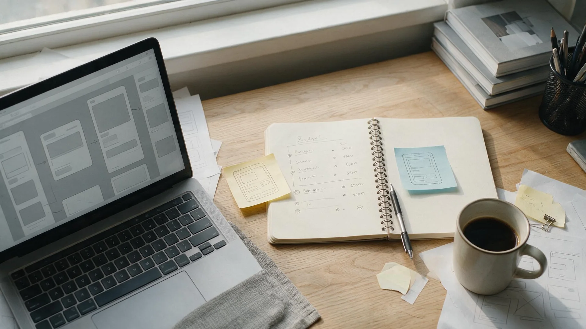 Laptop and notebook on a desk